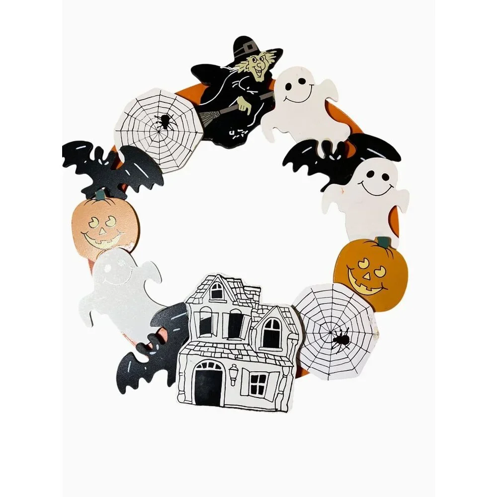 Halloween Wooden Door Wreath With Witch Ghosts & Spider Webs